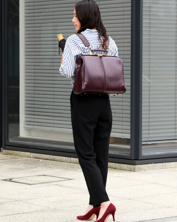 ◆【Natural long wooden handle SET】Dulles bag horizontal type M size Y7【LIGHT】Burgundy